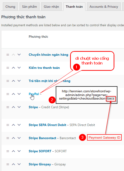 Hướng dẫ lấy ID của cổng thanh toán trong woocommerce