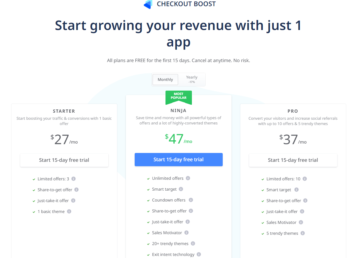 Bảng giá ứng dụng Checkout Boost